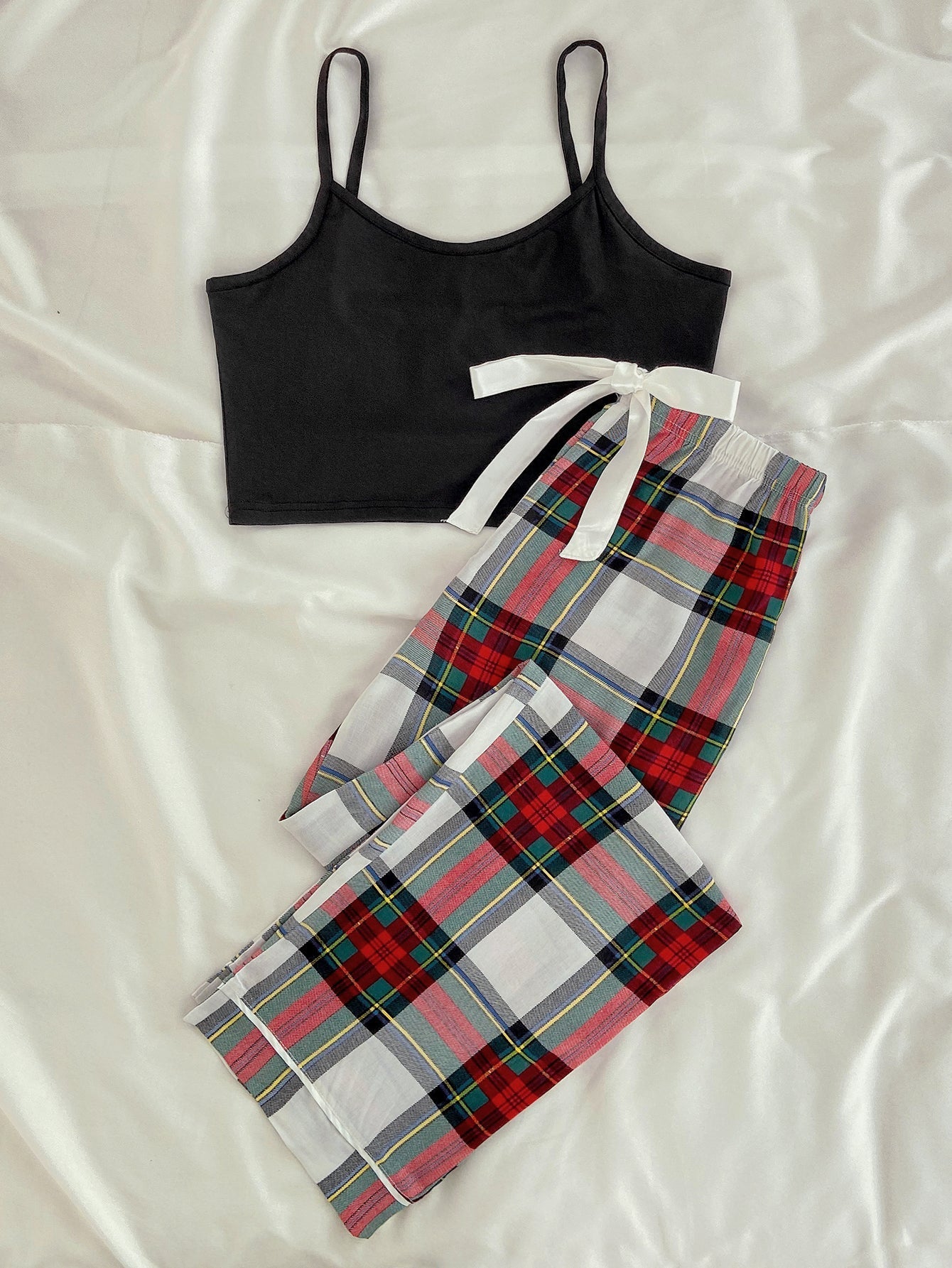 S-2XL Women's 2 Piece Solid Crop Cami Top and Plaid Pants Sleepwear Pajama Set Sai Feel