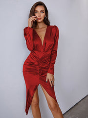 Satin Ruched Plunging Neck Gigot Sleeve Slit Hem Dress Sai Feel