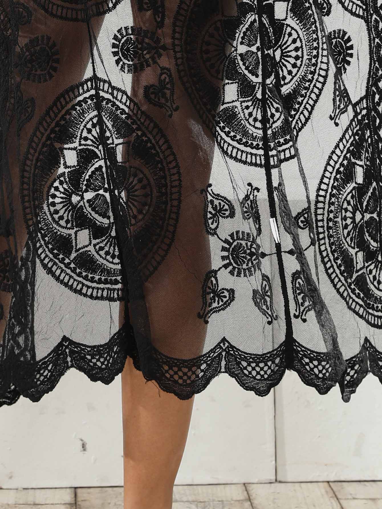 Scallop Trim Tie Front Sheer Mesh Kimono Sai Feel