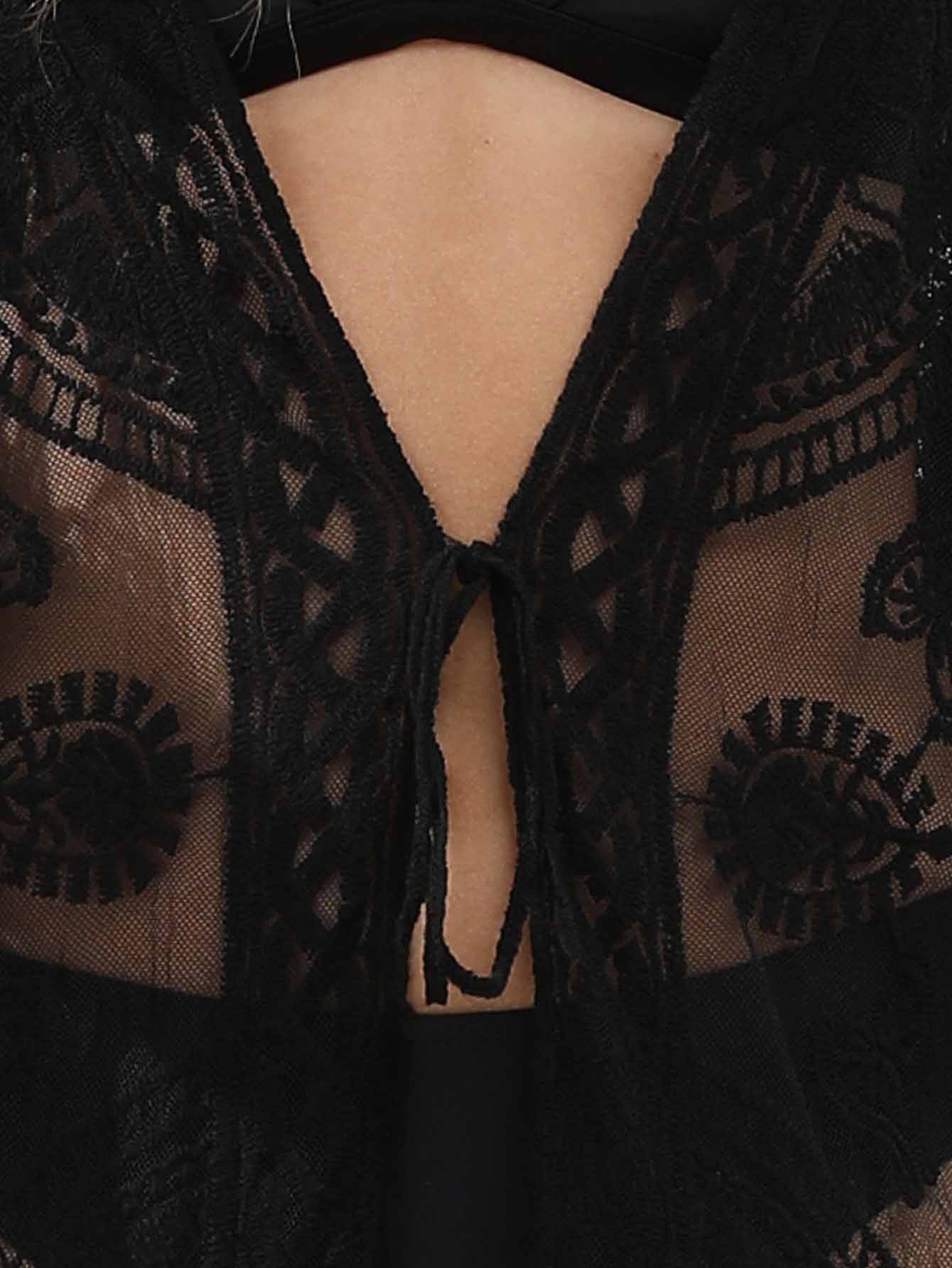 Scallop Trim Tie Front Sheer Mesh Kimono Sai Feel