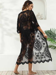 Scallop Trim Tie Front Sheer Mesh Kimono Sai Feel