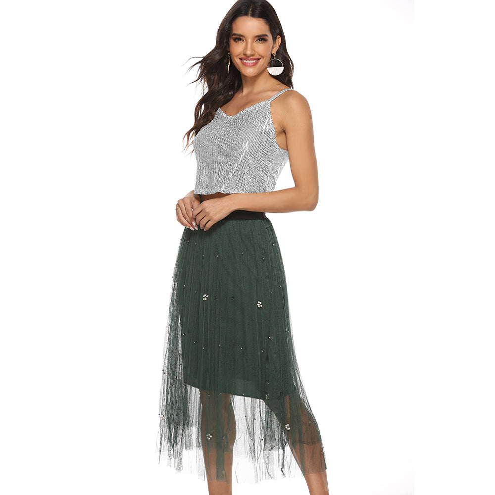 Sequined V neck Cami Seeveless Top Sai Feel