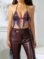 Sequins Backless Halter Top and PU Pants Set Sai Feel