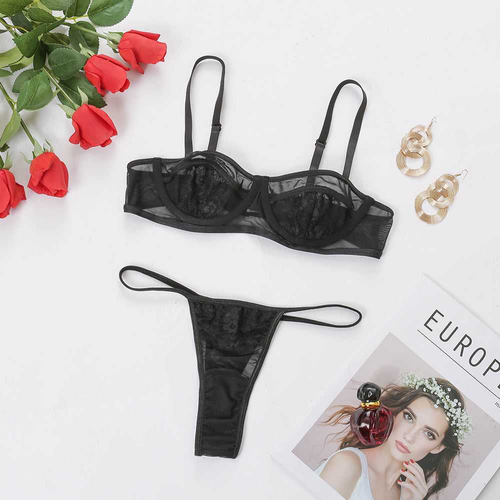 Sexy 2PCS Sheer Lace Lingerie Set Mesh Underwire Straps Bralette and Panty Set with thongs G-String Set Sai Feel