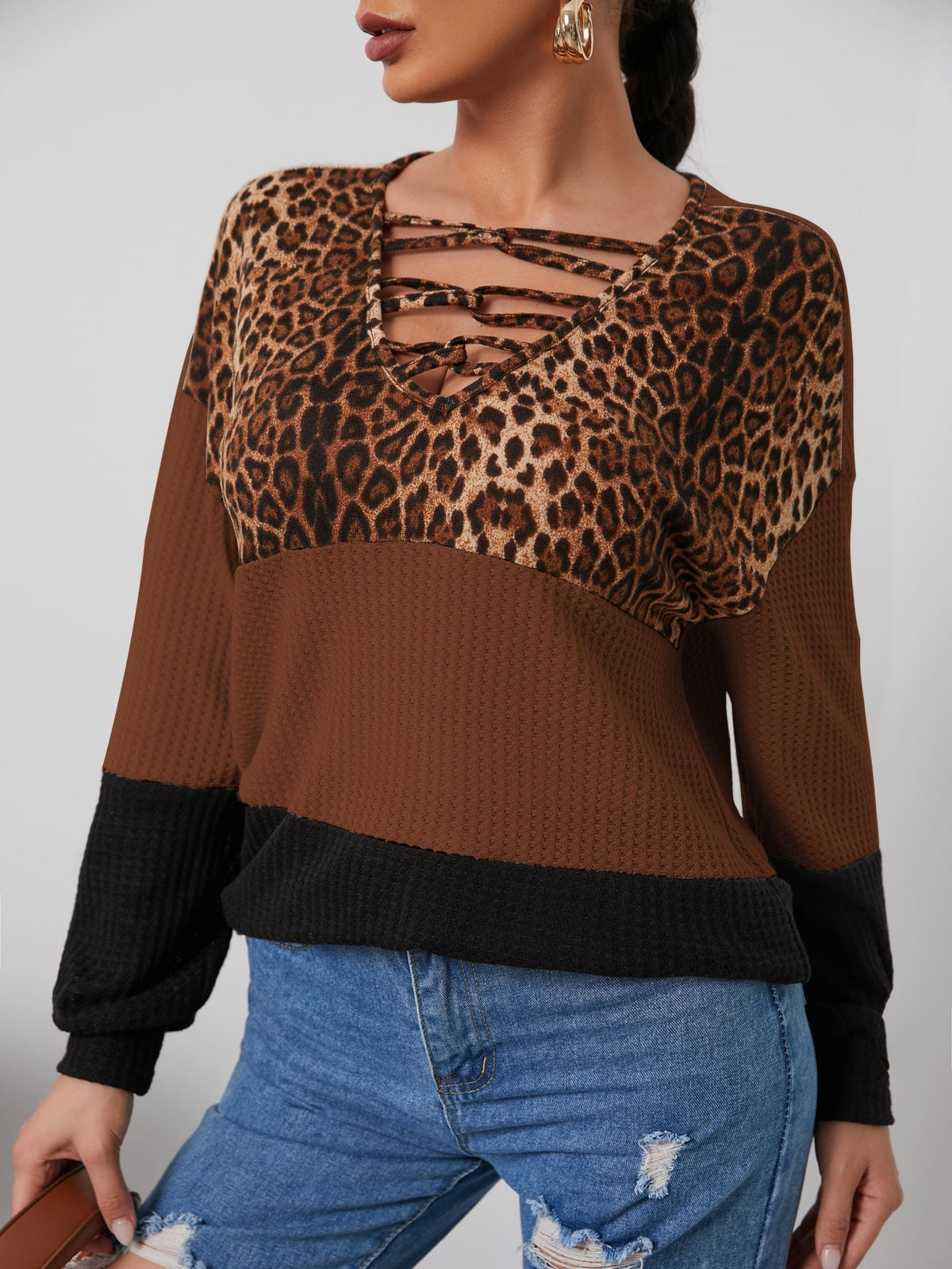 Sexy Criss Cross Leopard Color Block V Neck Sweatshirt Long Sleeve Tops Sai Feel