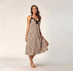 Sexy Halter Lace V-neck Sling Leopard Print Sling Dress Homewear Sai Feel