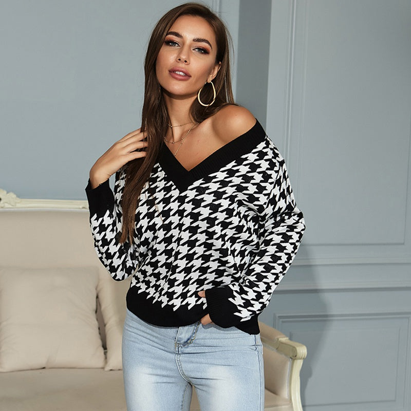 Sexy Off-shoulder V-neck Women Sweater Long Sleeve Spring Autumn Knitted Pullover Sweaters Sai Feel