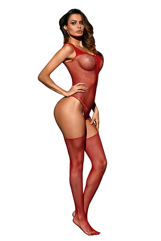 Sexy Red Teddy and Garter Stocking One-piece Lingerie Hollow Out Fishnet Bodystocking Sai Feel