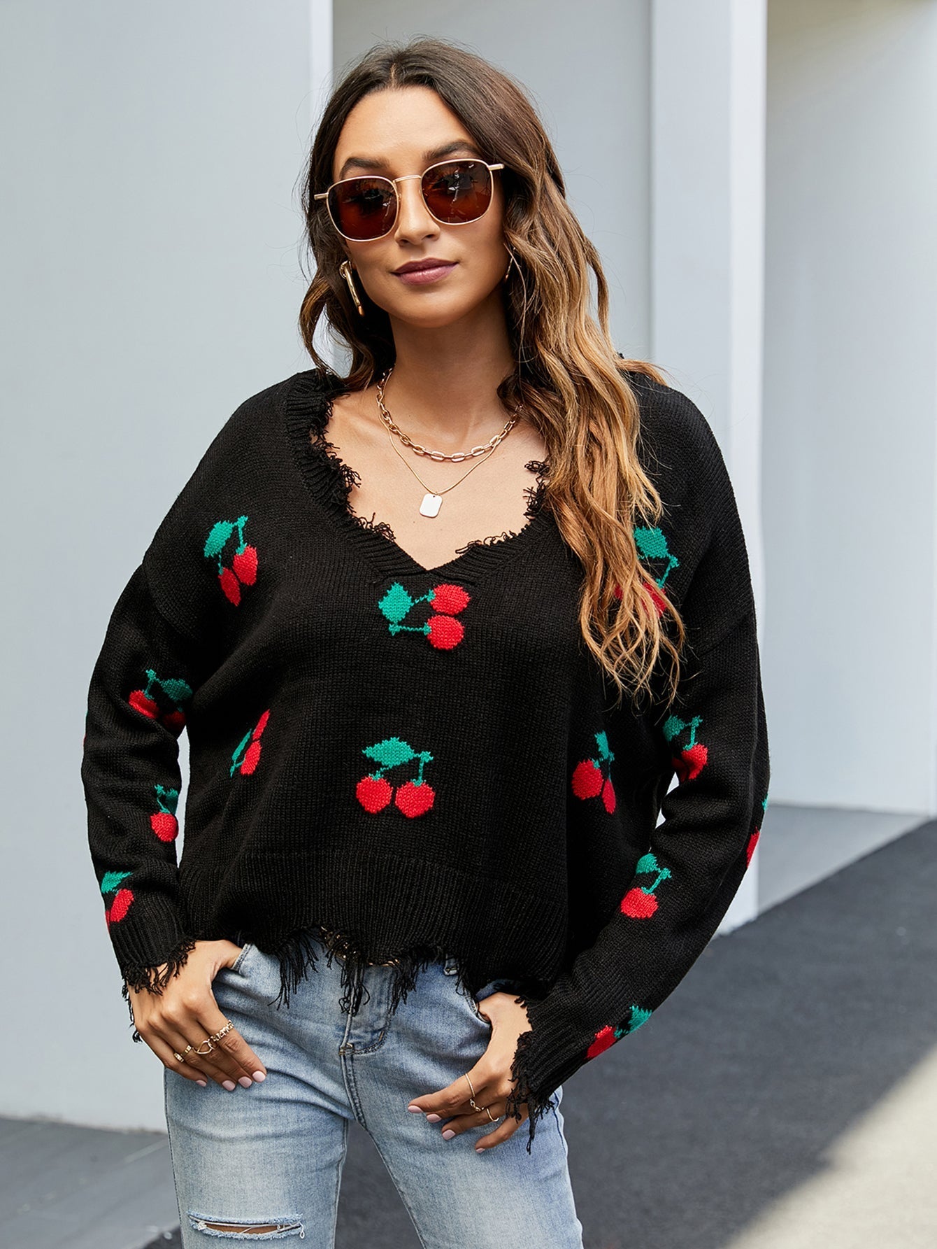 Sexy V-neck cherry pattern loose knit sweater Sai Feel