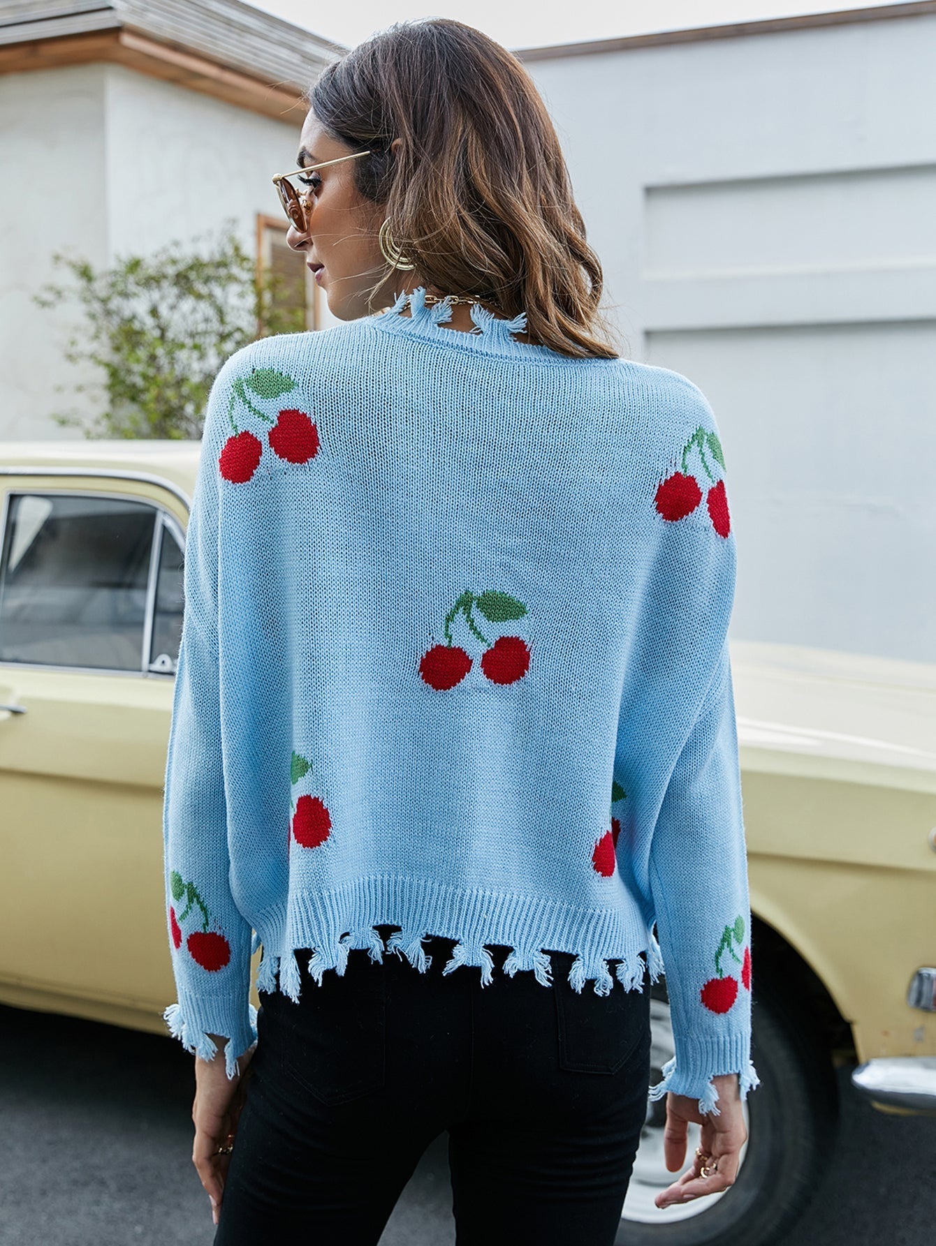Sexy V-neck cherry pattern loose knit sweater Sai Feel