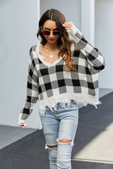 Sexy off the shoulder V-neck checkered loose knit sweater Sai Feel