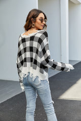 Sexy off the shoulder V-neck checkered loose knit sweater Sai Feel