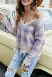 Sexy off the shoulder V-neck checkered loose knit sweater Sai Feel