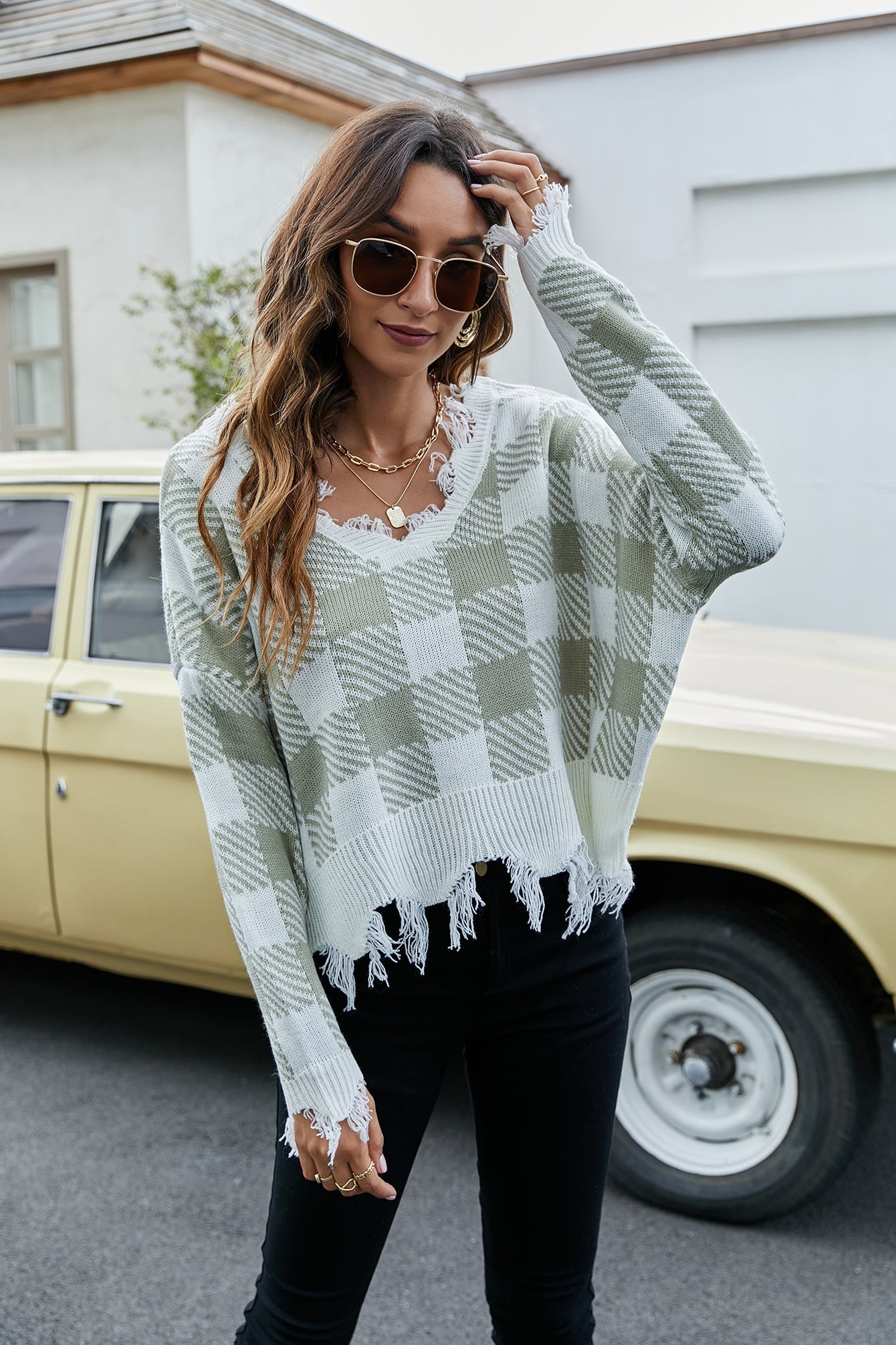 Sexy off the shoulder V-neck checkered loose knit sweater Sai Feel