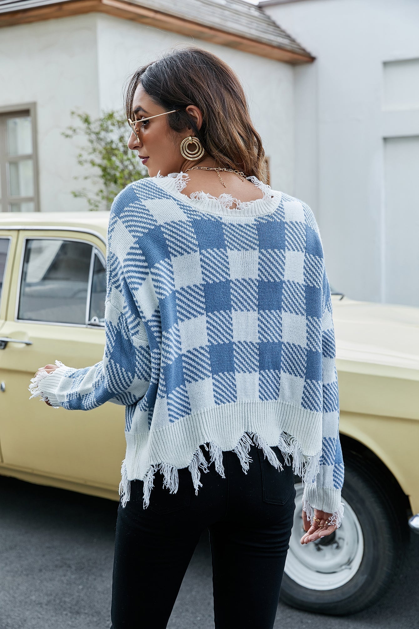 Sexy off the shoulder V-neck checkered loose knit sweater Sai Feel