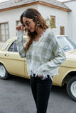 Sexy off the shoulder V-neck checkered loose knit sweater Sai Feel