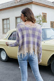 Sexy off the shoulder V-neck checkered loose knit sweater Sai Feel