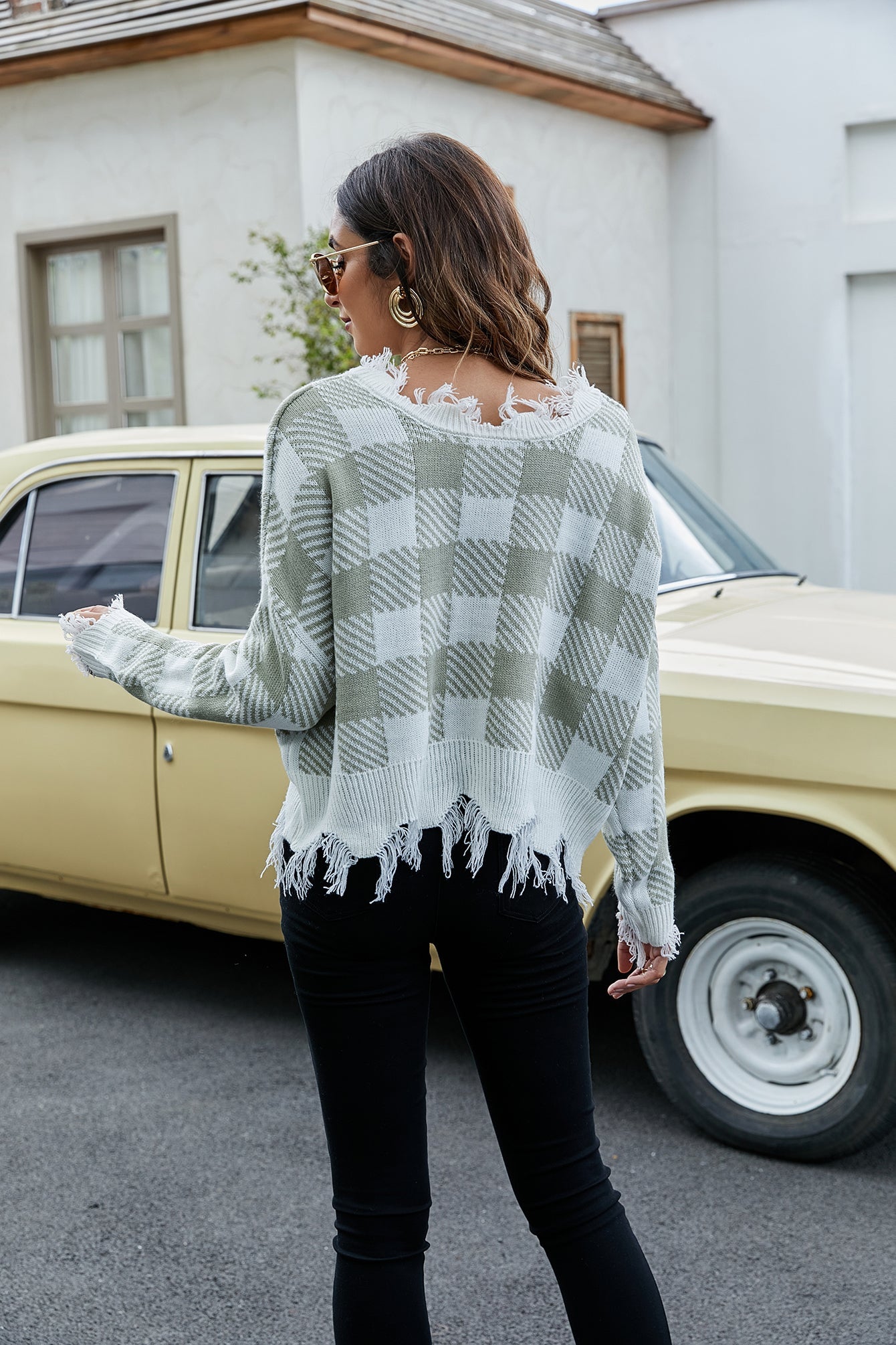 Sexy off the shoulder V-neck checkered loose knit sweater Sai Feel