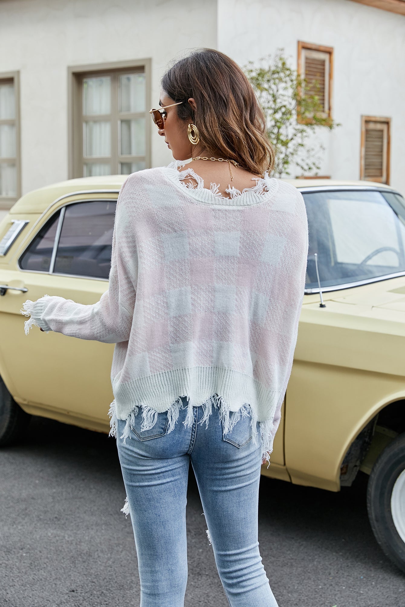 Sexy off the shoulder V-neck checkered loose knit sweater Sai Feel