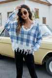 Sexy off the shoulder V-neck checkered loose knit sweater Sai Feel