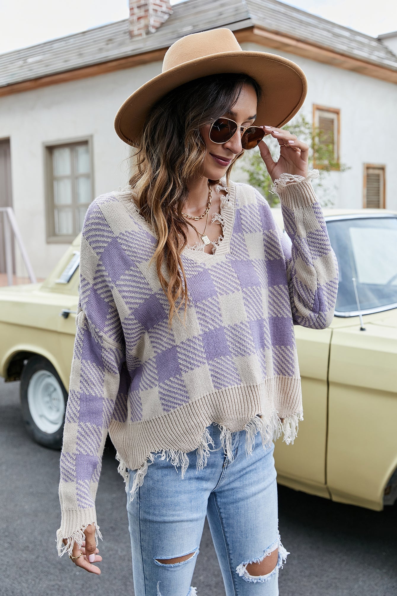 Sexy off the shoulder V-neck checkered loose knit sweater Sai Feel