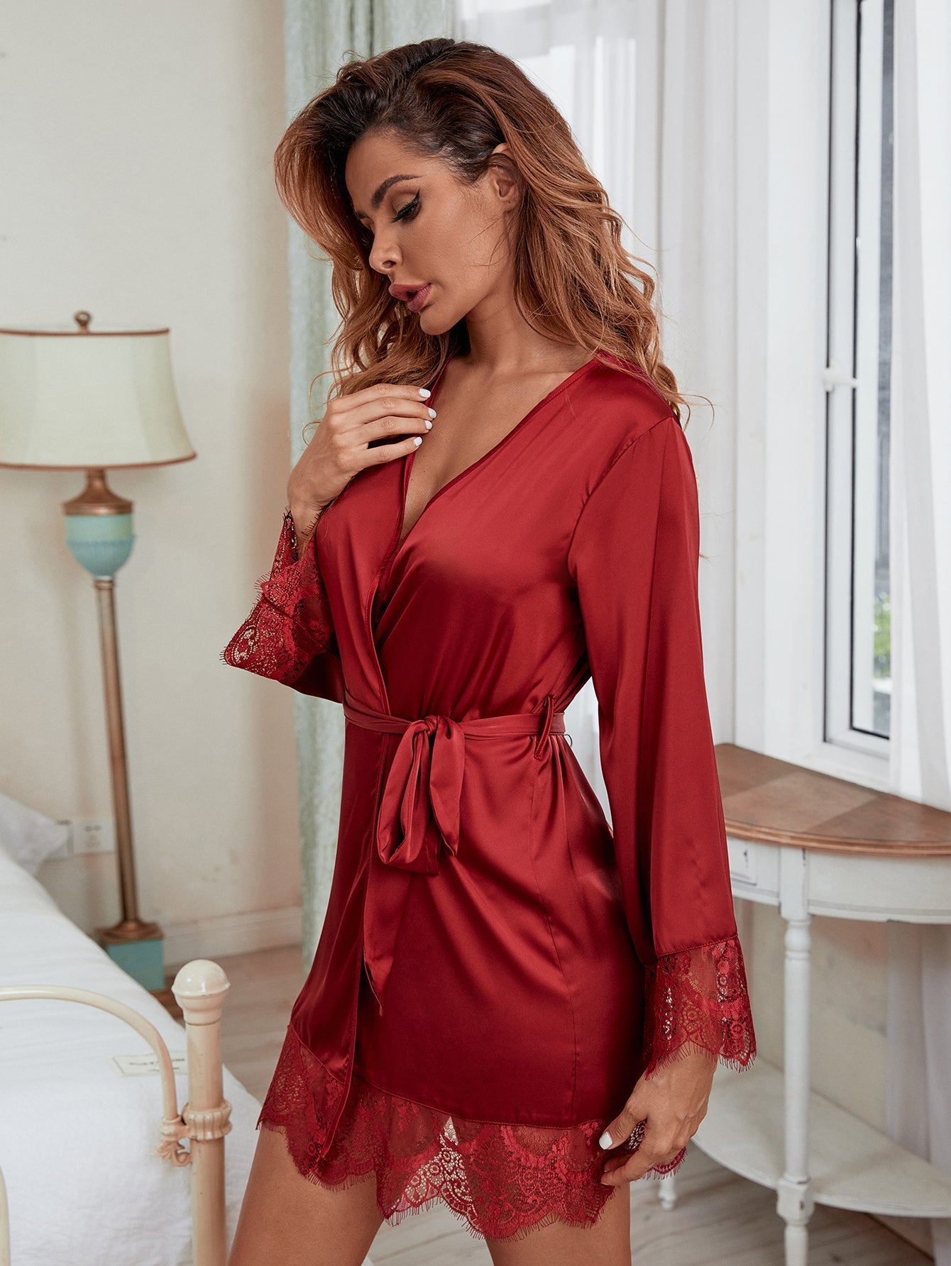 Sexy satin silky nightgown with waistband,long sleeve silky Pajamas Dress,Floral Lace Babydoll Dress, Women sexy Lingerie Sai Feel