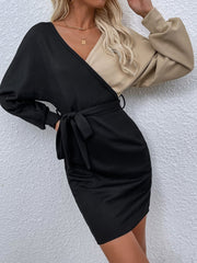 Sexy two color receiving waist long-sleeved V-neck tie dress Sai Feel
