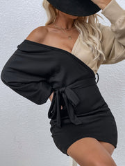 Sexy two color receiving waist long-sleeved V-neck tie dress Sai Feel