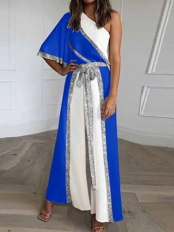 Shiny Sloping Shoulder Wide Leg Jumpsuit Sai Feel