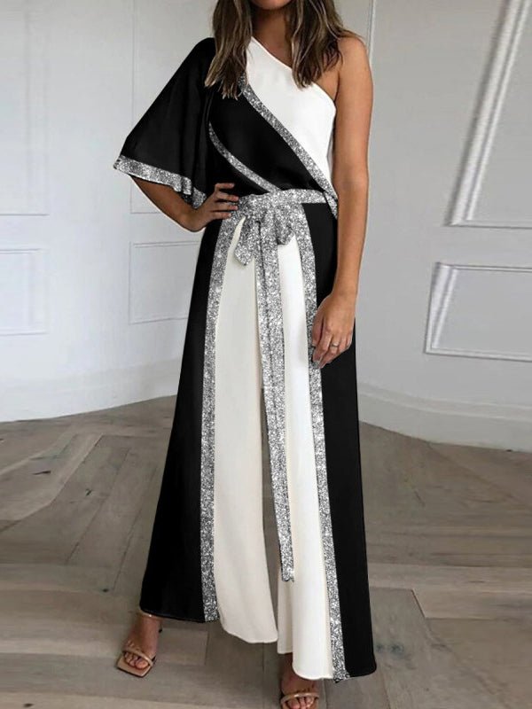 Shiny Sloping Shoulder Wide Leg Jumpsuit Sai Feel