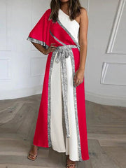 Shiny Sloping Shoulder Wide Leg Jumpsuit Sai Feel