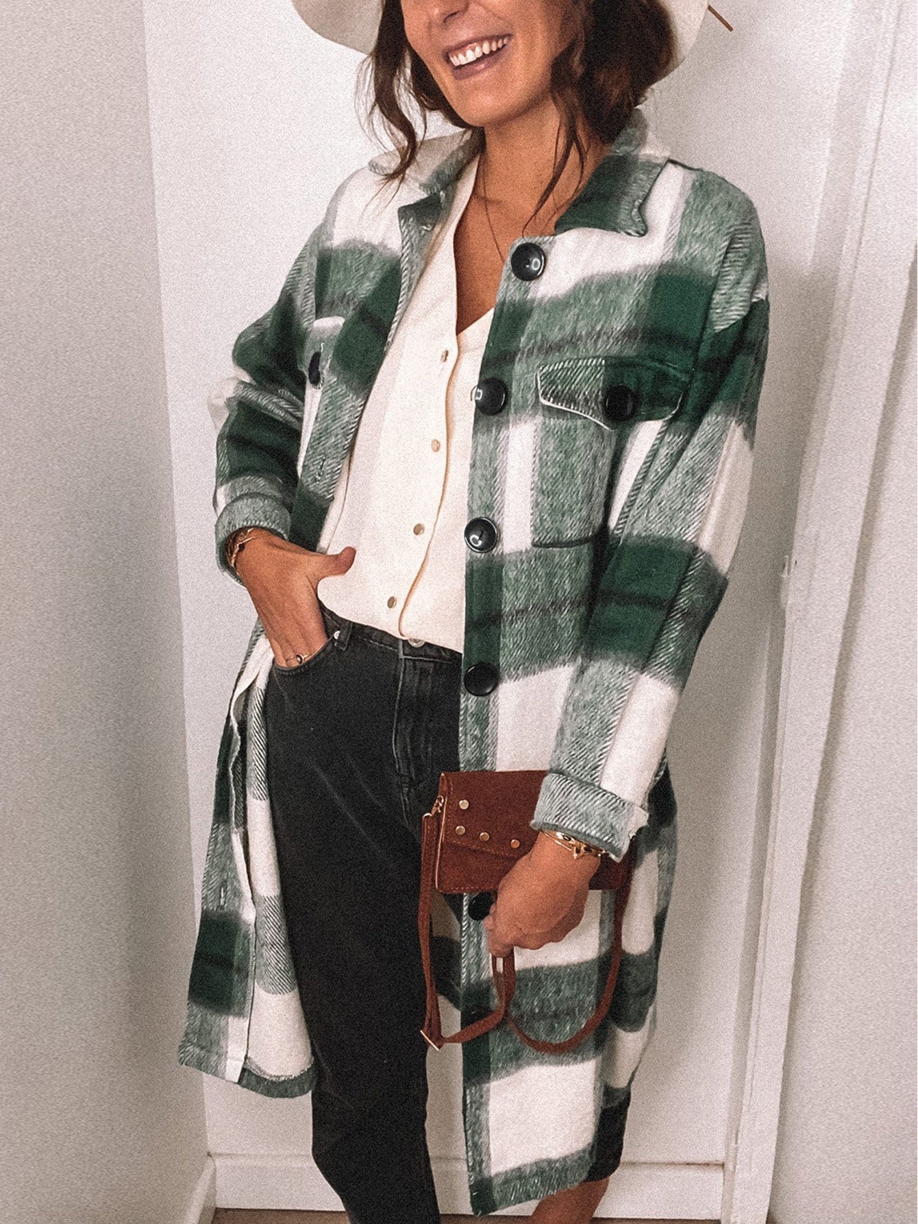 Shirt Collar Button Closure Plaid Coat Sai Feel