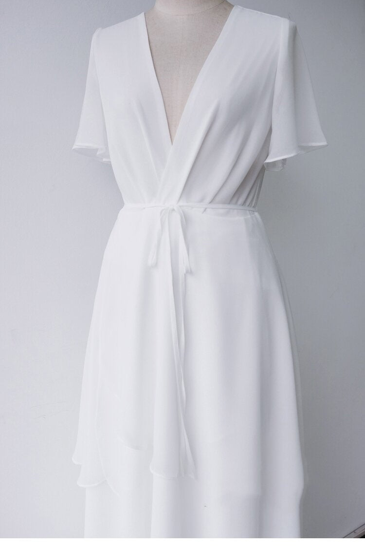 Short Sleeve Floor-Length V-Neck Patchwork Plain White Dress Sai Feel