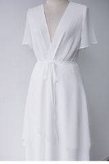 Short Sleeve Floor-Length V-Neck Patchwork Plain White Dress Sai Feel