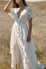 Short Sleeve Floor-Length V-Neck Patchwork Plain White Dress Sai Feel