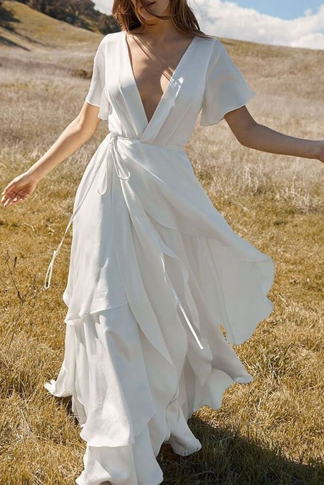 Short Sleeve Floor-Length V-Neck Patchwork Plain White Dress Sai Feel