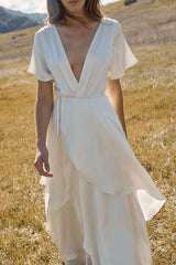 Short Sleeve Floor-Length V-Neck Patchwork Plain White Dress Sai Feel