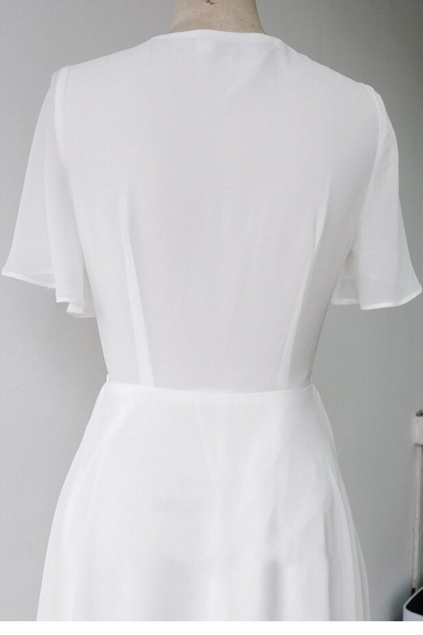 Short Sleeve Floor-Length V-Neck Patchwork Plain White Dress Sai Feel