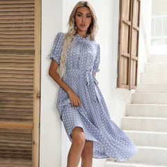 Short sleeve polka dot round neck tie pleated dress Sai Feel