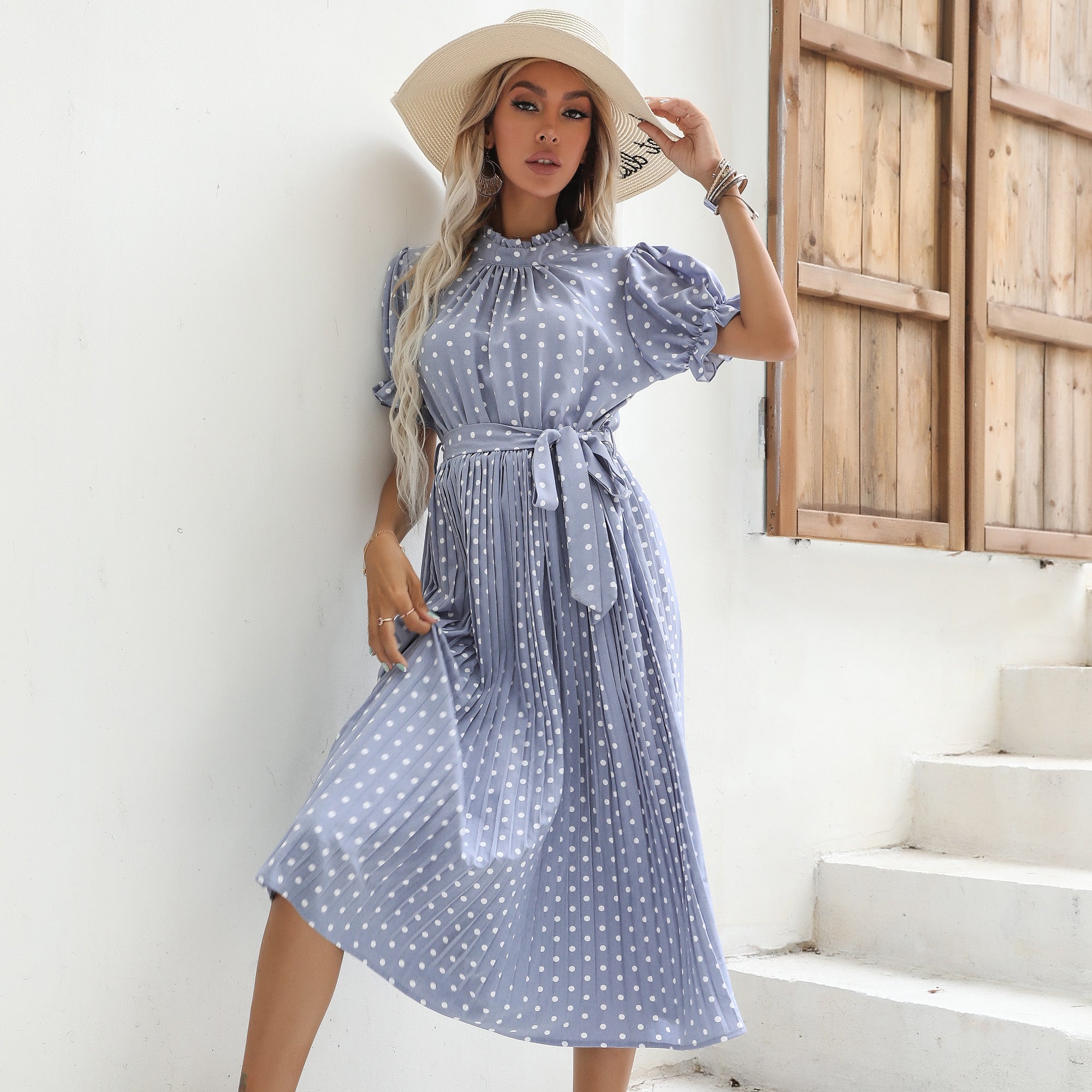 Short sleeve polka dot round neck tie pleated dress Sai Feel