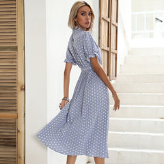 Short sleeve polka dot round neck tie pleated dress Sai Feel