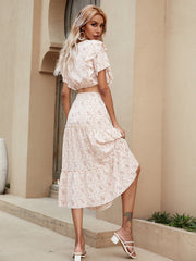 Short-sleeved Ruffled Shirt and Pleated Long Skirt Floral Suit Sai Feel