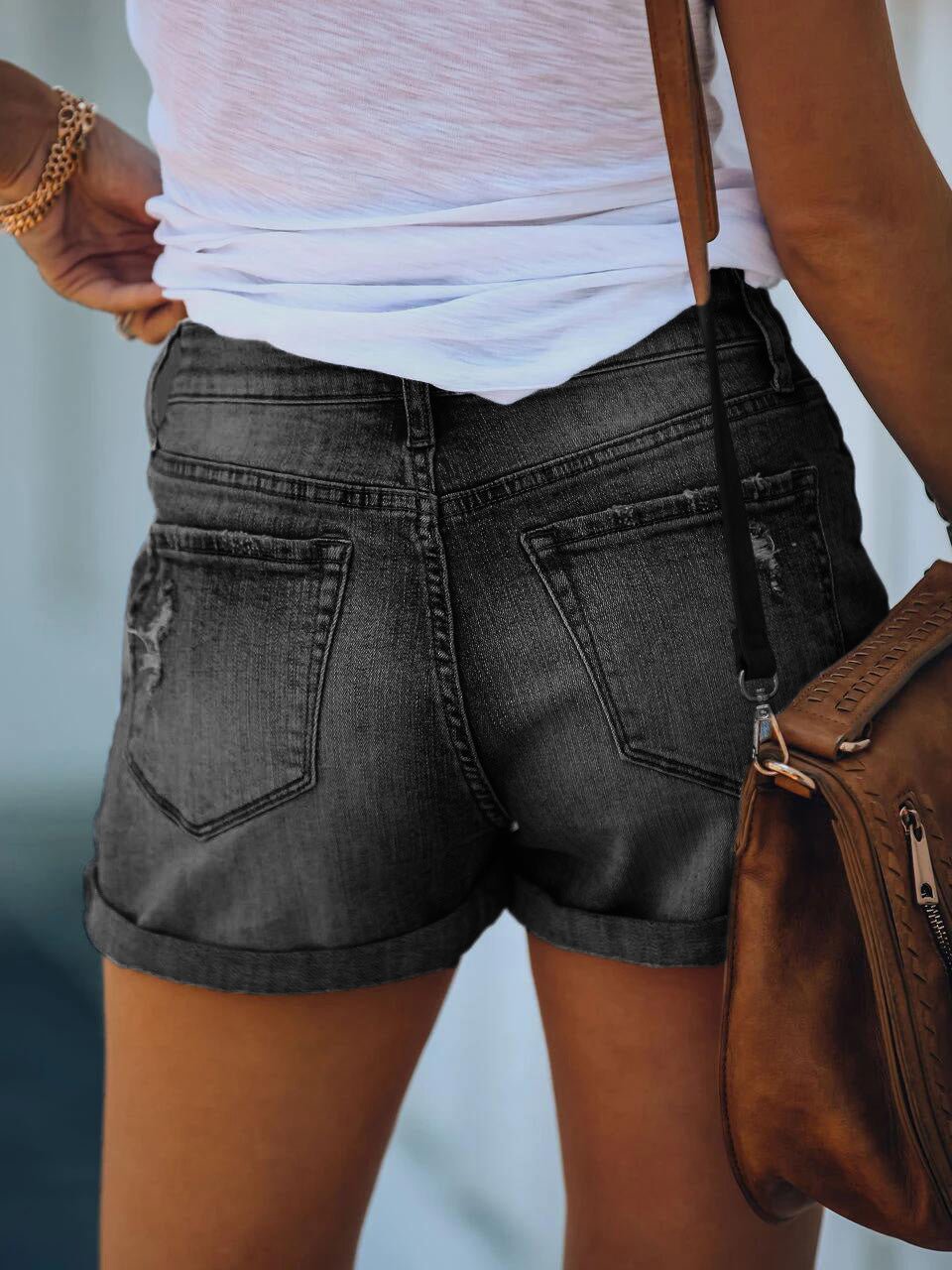 Shredded Rolled Stretch High Waist Denim Shorts Sai Feel