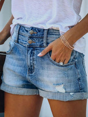 Shredded Rolled Stretch High Waist Denim Shorts Sai Feel