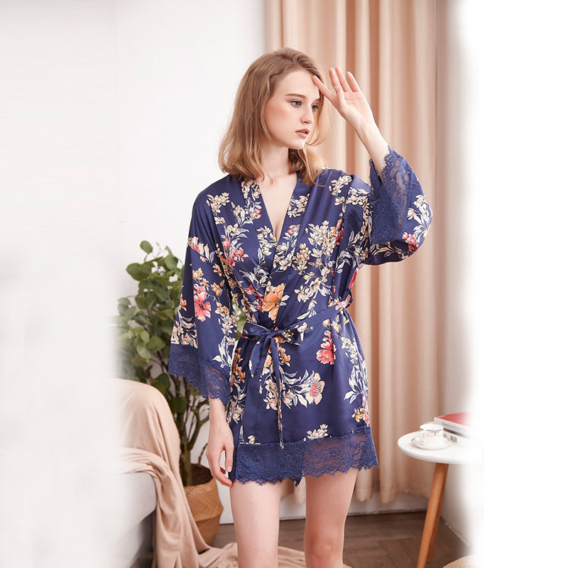 Silk Satin Robes Women Print Sleepwear Nightgown Kimono Bathrobe Sai Feel