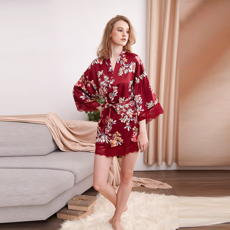 Silk Satin Robes Women Print Sleepwear Nightgown Kimono Bathrobe Sai Feel