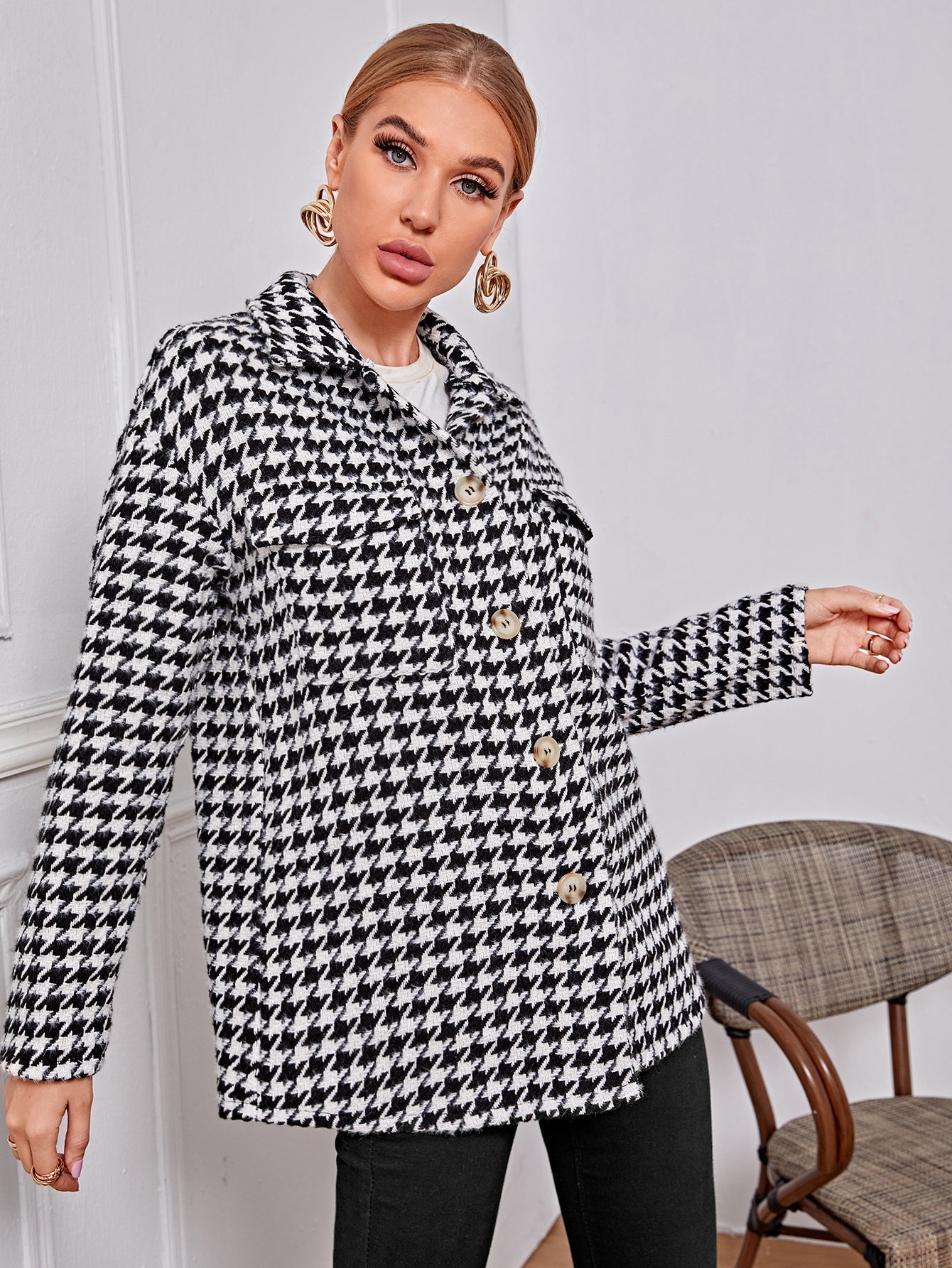 Single Breasted Houndstooth Coat Sai Feel