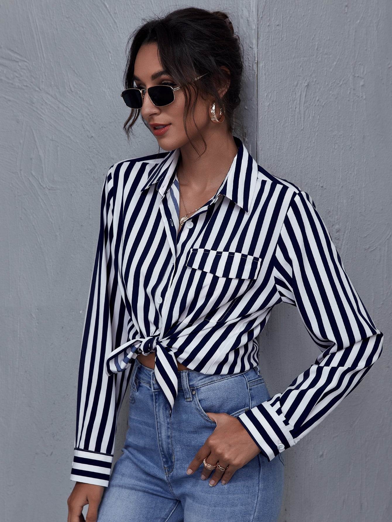 Single Breasted Striped Blouse Sai Feel