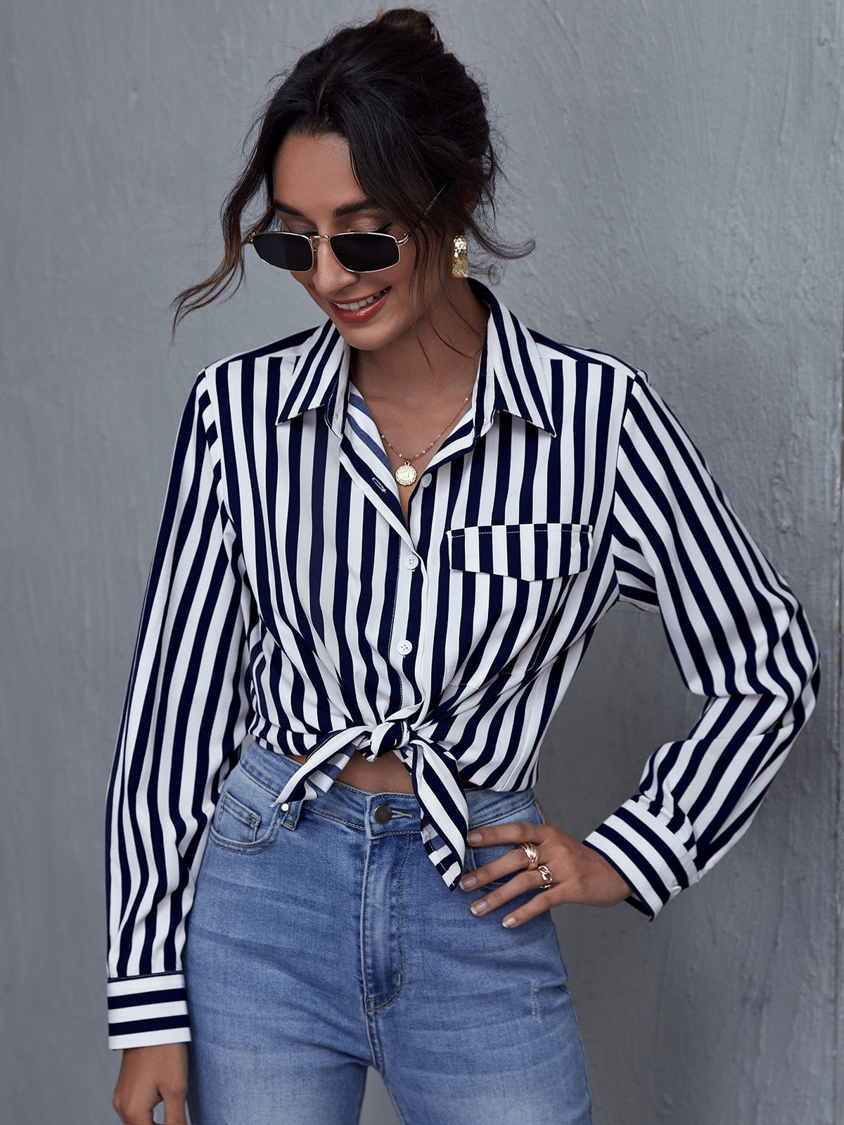 Single Breasted Striped Blouse Sai Feel