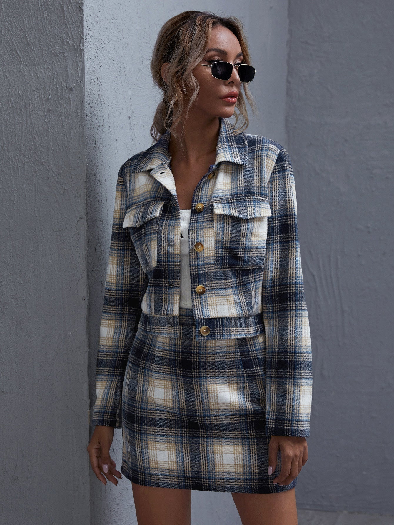 Singles Breasted Gingham Crop Blazer & Mini Skirt Sets Sai Feel